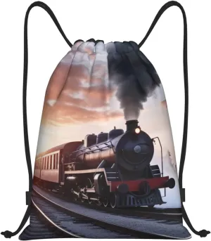 Steam Train Depart Sunset Drawstring Backpack Waterproof String Bag Sports Sackpack Gym Bags for Men Women