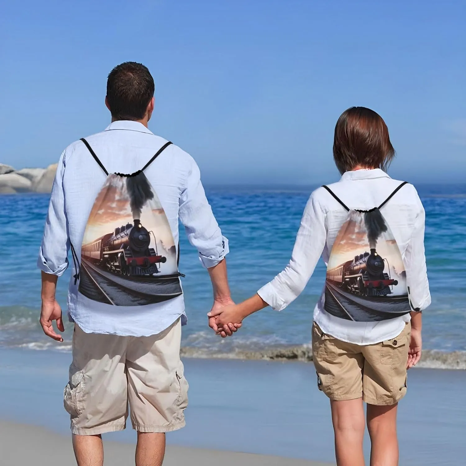 Steam Train Depart Sunset Drawstring Backpack Waterproof String Bag Sports Sackpack Gym Bags for Men Women
