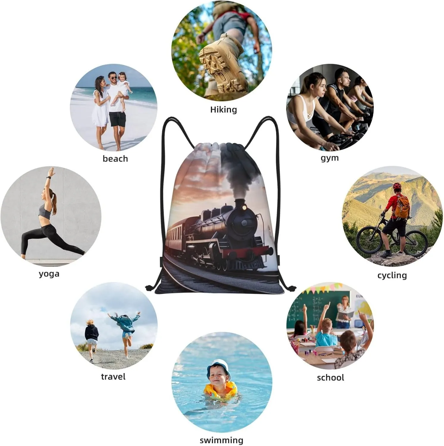Steam Train Depart Sunset Drawstring Backpack Waterproof String Bag Sports Sackpack Gym Bags for Men Women
