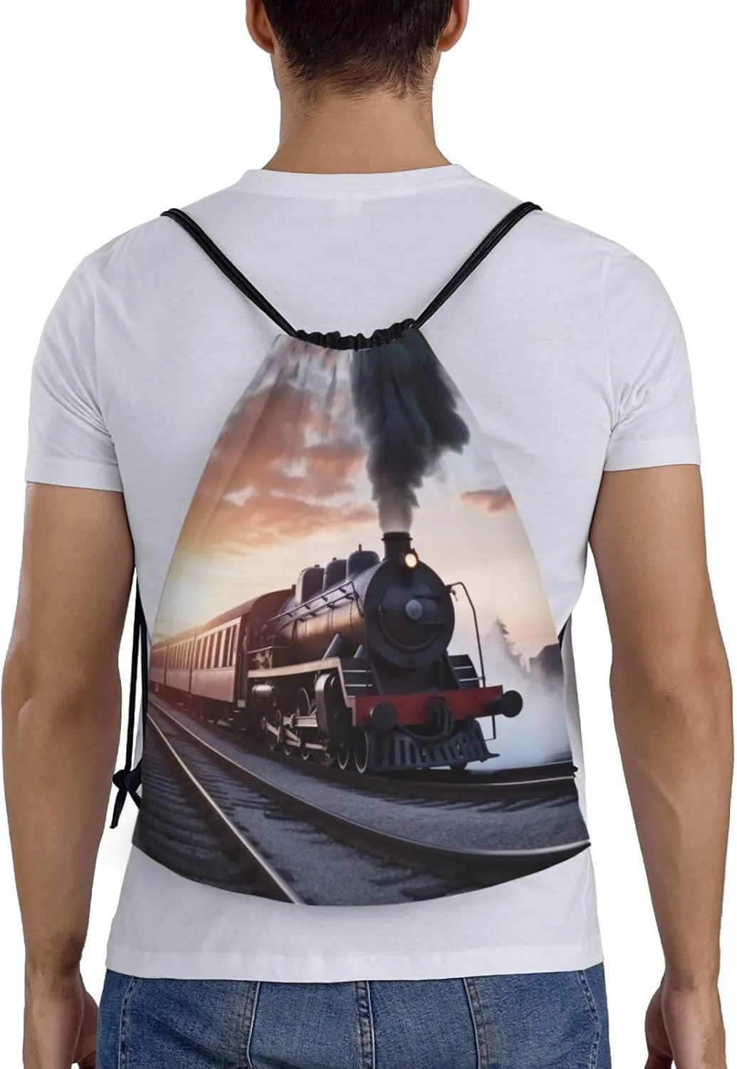 Steam Train Depart Sunset Drawstring Backpack Waterproof String Bag Sports Sackpack Gym Bags for Men Women