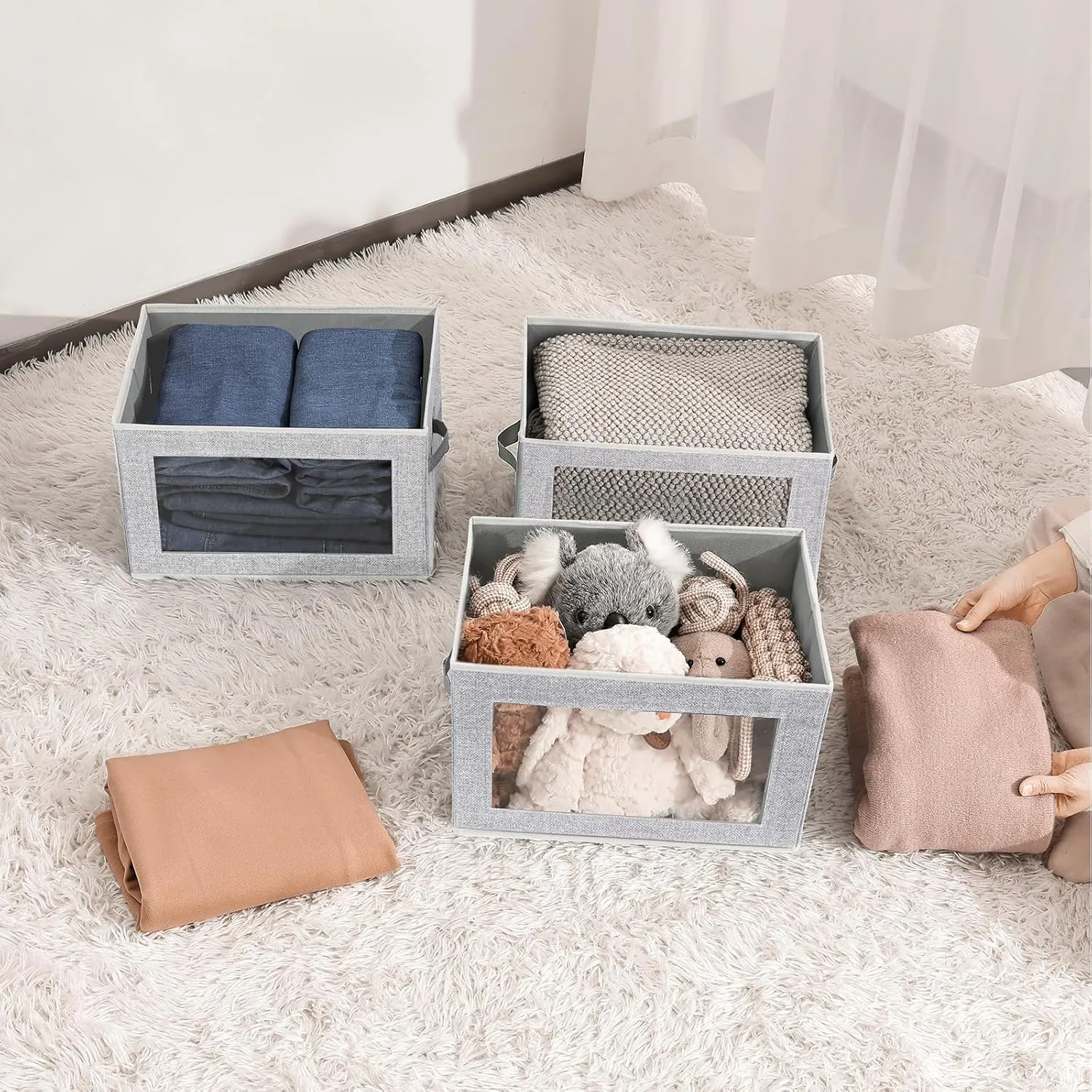 Storage Baskets with Lids, 4 Pack Large Box Organizer with Window, Fabric Storage Cubes Bins for Closet, Collapsible Organizer Bins for Bedroom, Living Room, Dorm, Blended