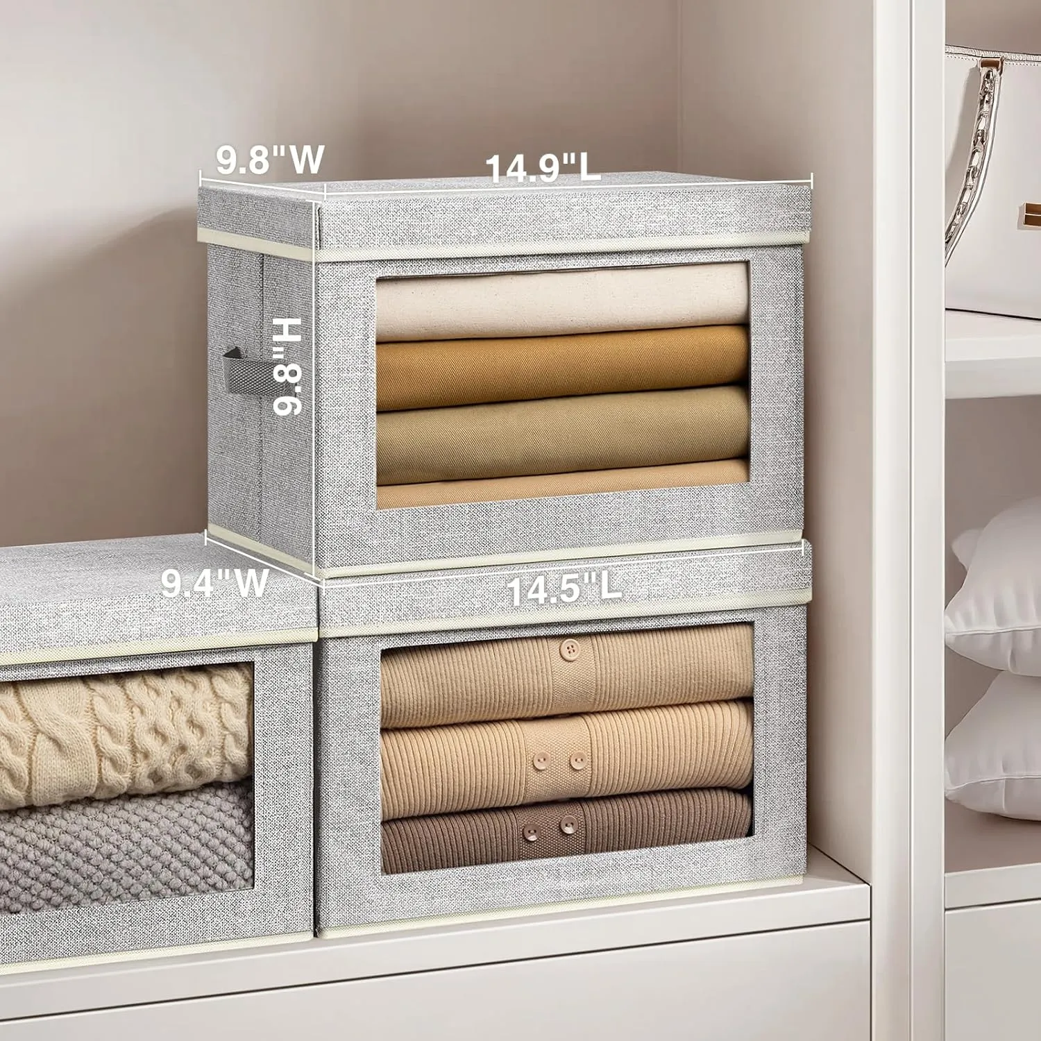 Storage Baskets with Lids, 4 Pack Large Box Organizer with Window, Fabric Storage Cubes Bins for Closet, Collapsible Organizer Bins for Bedroom, Living Room, Dorm, Blended