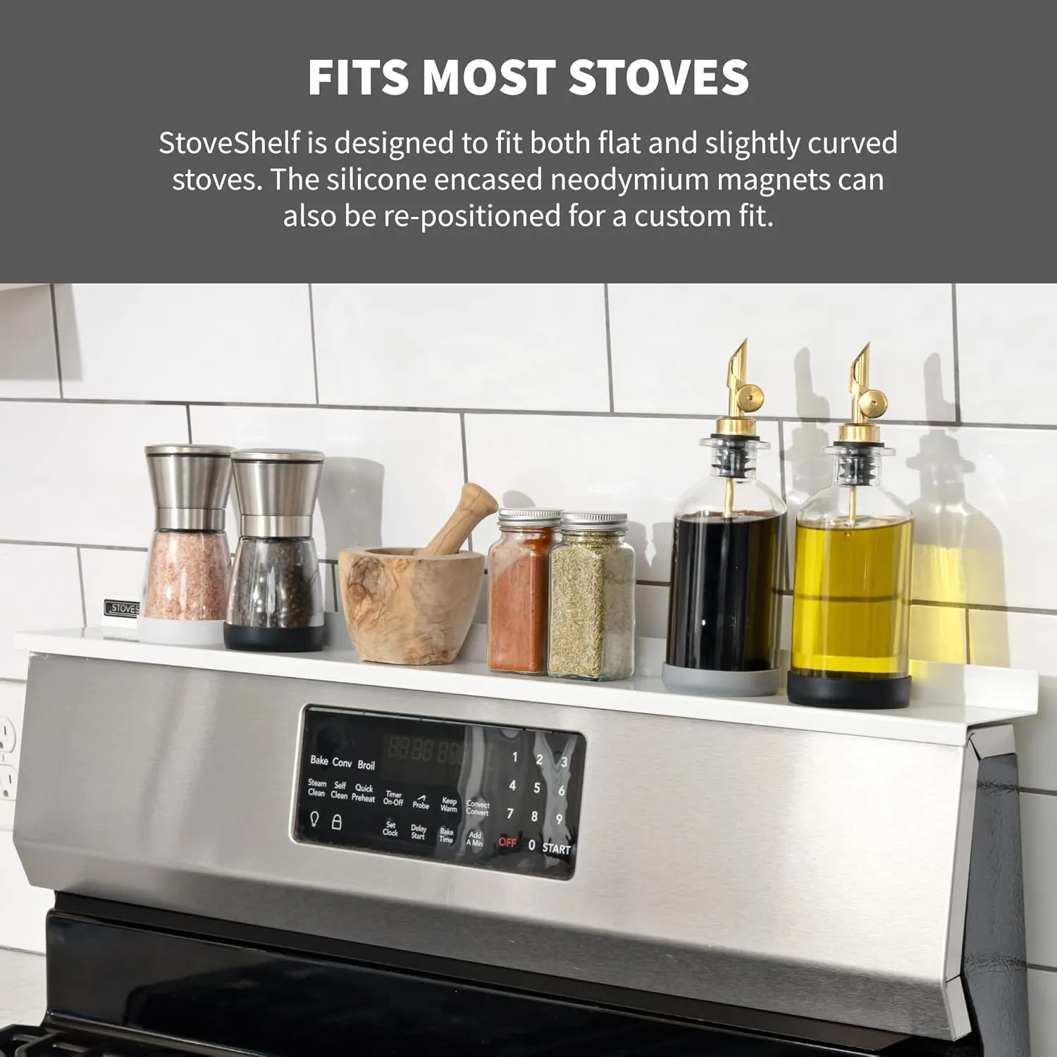 StoveShelf 30" Length White Magnetic Shelf for Kitchen Stove - Kitchen Storage Solution with Zero Installation - Over Stove Spice Rack Organizer