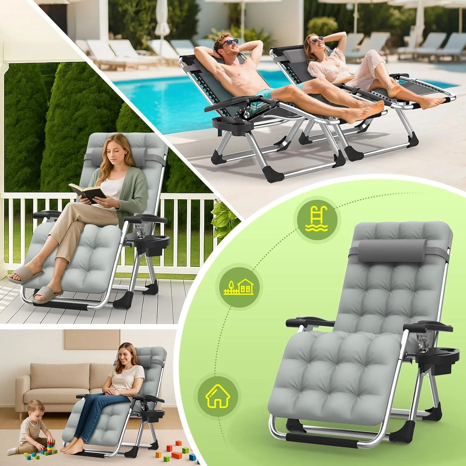 Suteck Zero Gravity Chair, Reclining Camping Lounge Chair w/Removable Cushion, Upgraded Lock and Cup Holder, Reclining Patio Chairs Folding Recliner for Indoor and Outdoor