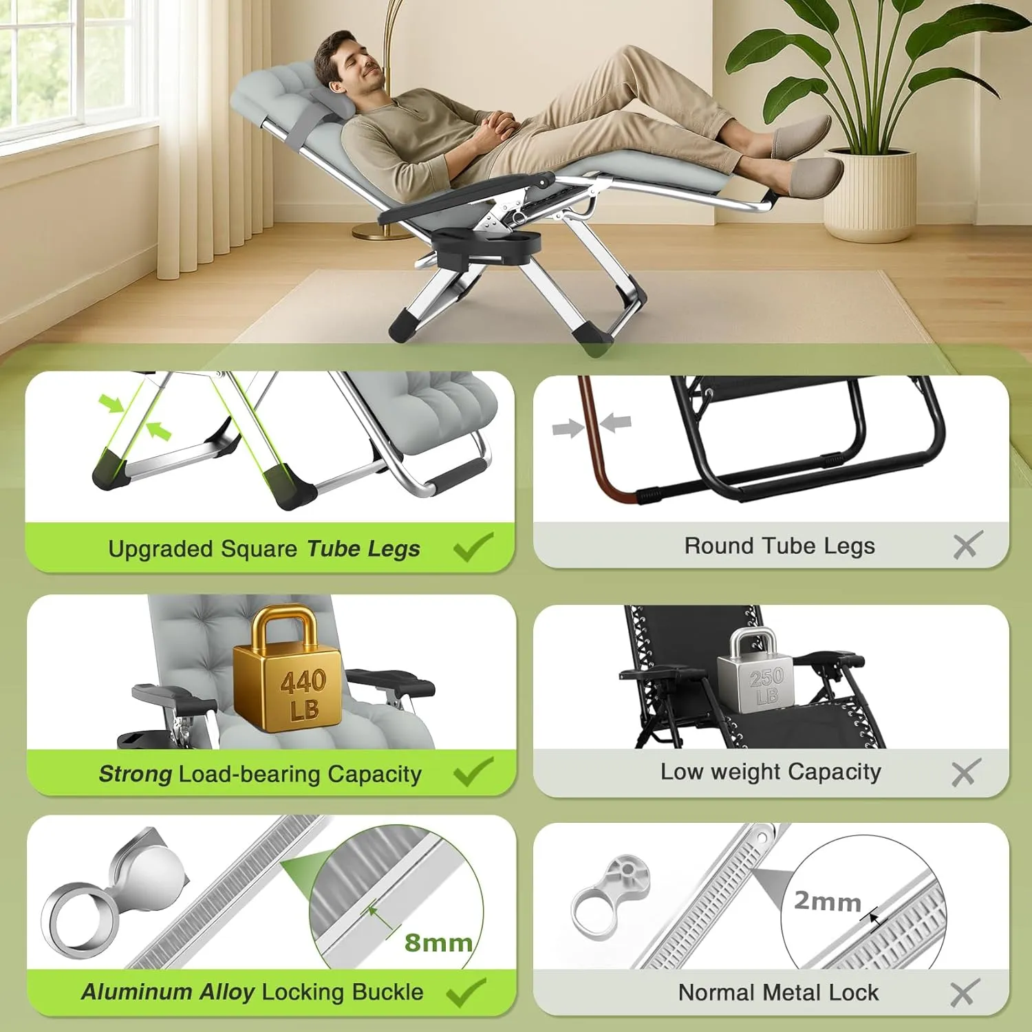 Suteck Zero Gravity Chair, Reclining Camping Lounge Chair w/Removable Cushion, Upgraded Lock and Cup Holder, Reclining Patio Chairs Folding Recliner for Indoor and Outdoor