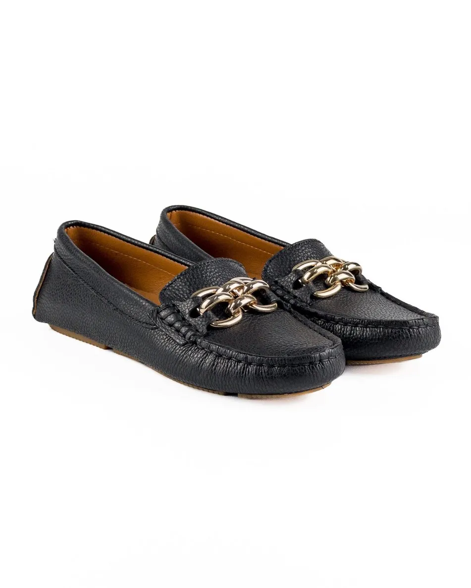 T-Chios Women's Black Genuine Leather Loafer Shoes