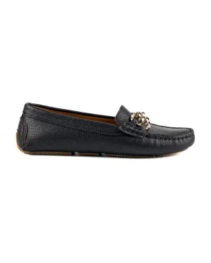 T-Chios Women's Black Genuine Leather Loafer Shoes