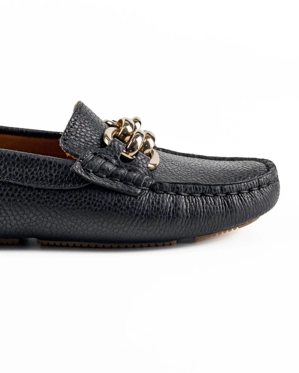 T-Chios Women's Black Genuine Leather Loafer Shoes