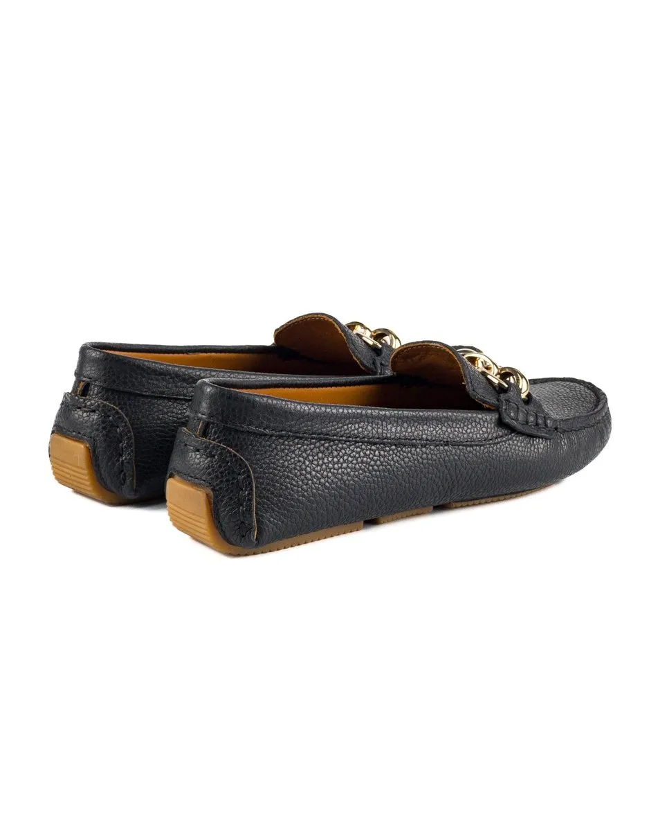 T-Chios Women's Black Genuine Leather Loafer Shoes