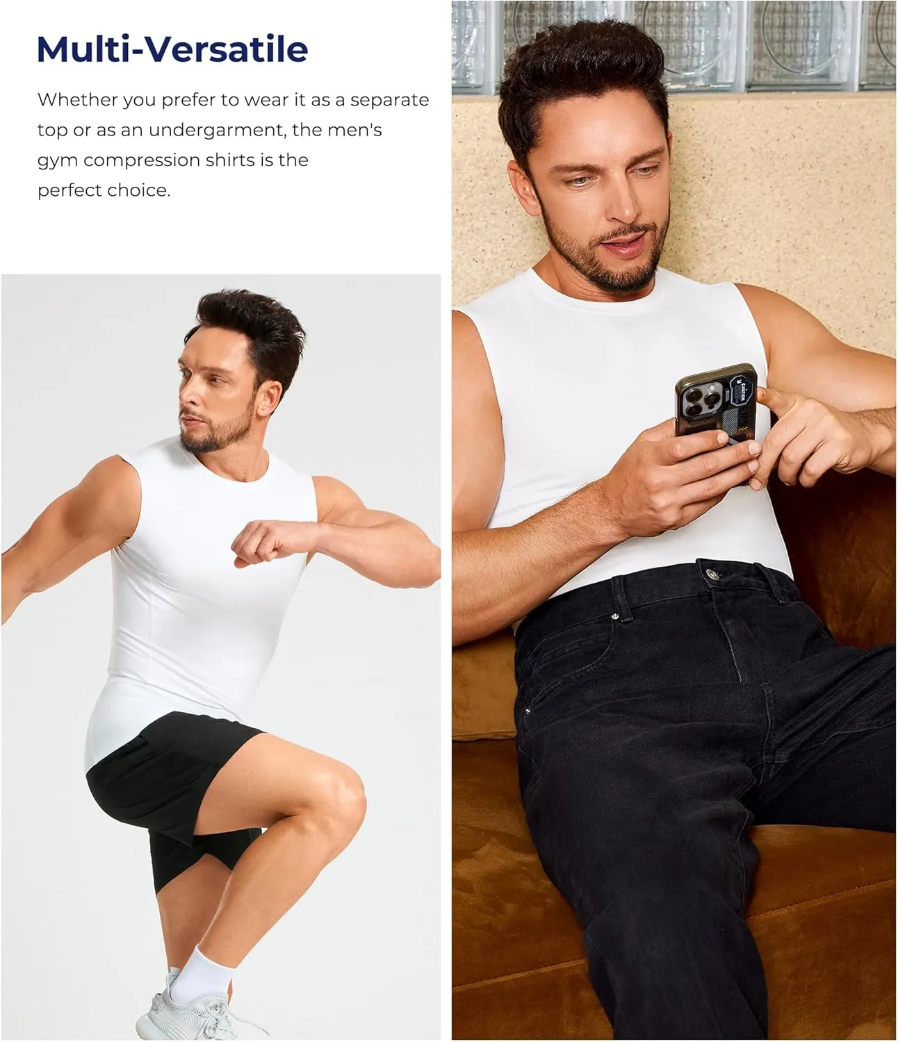 TAILONG 2 Pack Compression Shirt Men - Athletic Base Layer Sleeveless Workout Tank Top Slimming Undershirt