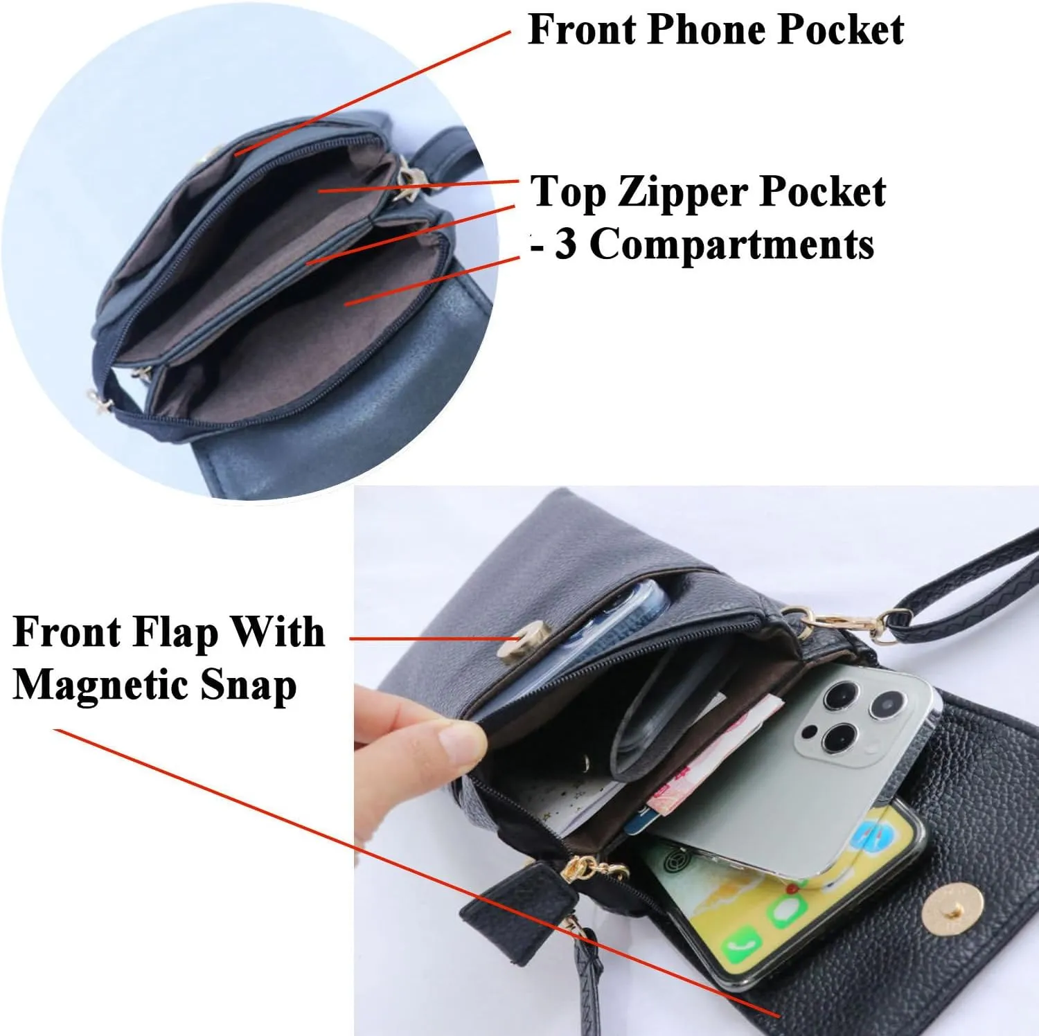 Tapp Collections Leather Small Crossbody Cell Phone Bag Wallet Purse With Adjustable Strap - Black