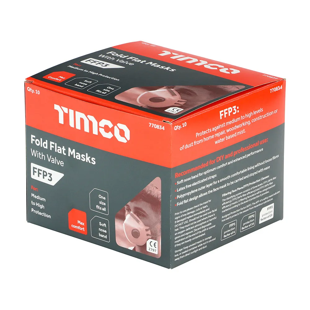 TIMCO FFP3 Fold Flat Valved Masks - One Size (10pcs)