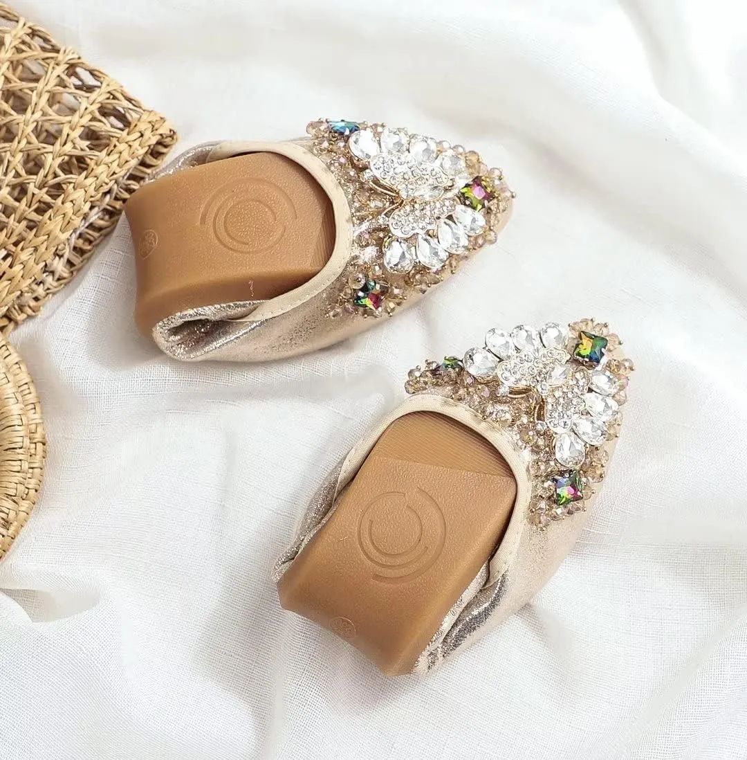 TN TANGNEST Womens Shiny Foldable Ballet Flats Wedding Rhinestone Slip On Flat Shoes