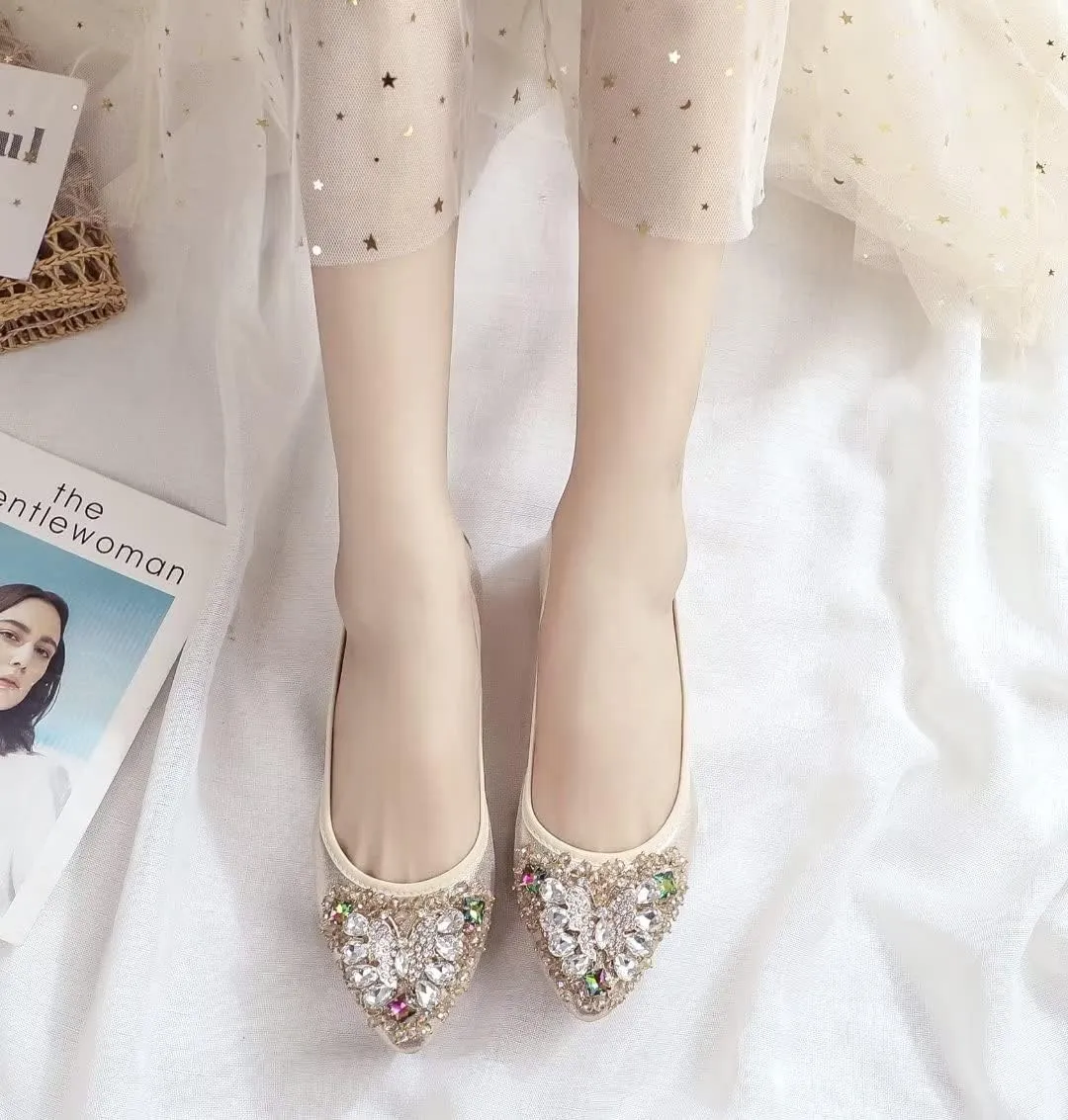 TN TANGNEST Womens Shiny Foldable Ballet Flats Wedding Rhinestone Slip On Flat Shoes