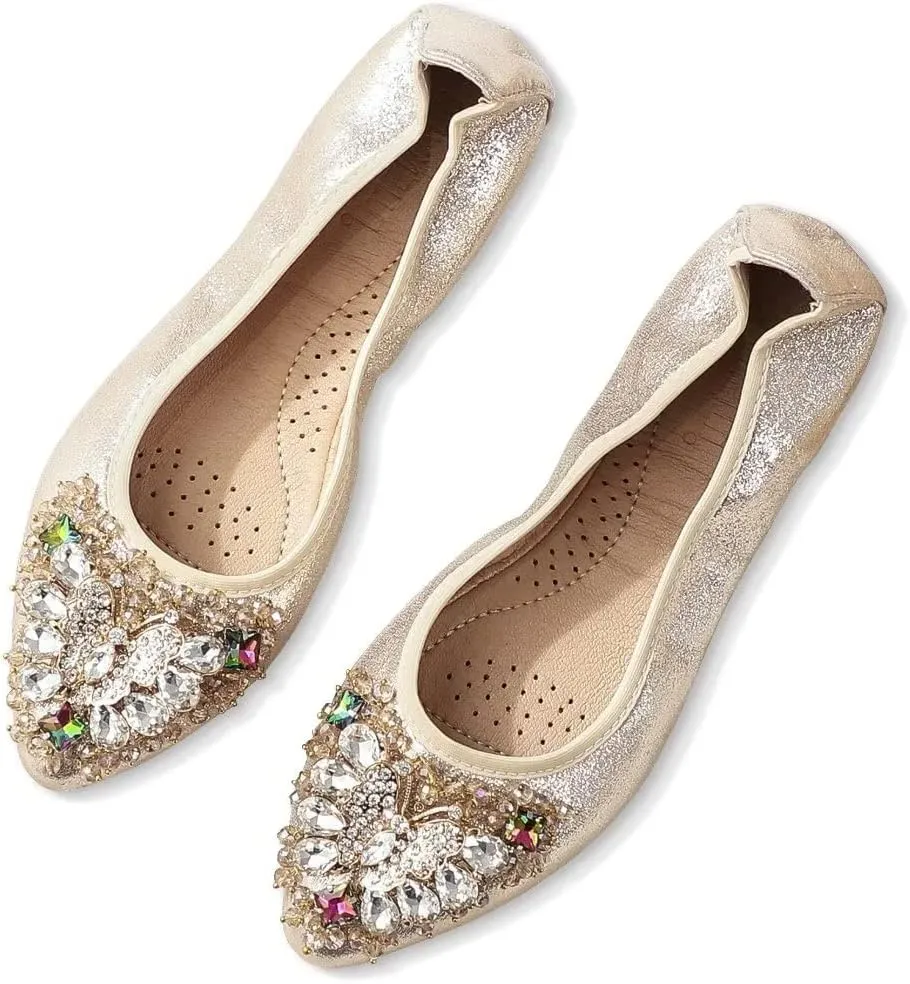 TN TANGNEST Womens Shiny Foldable Ballet Flats Wedding Rhinestone Slip On Flat Shoes