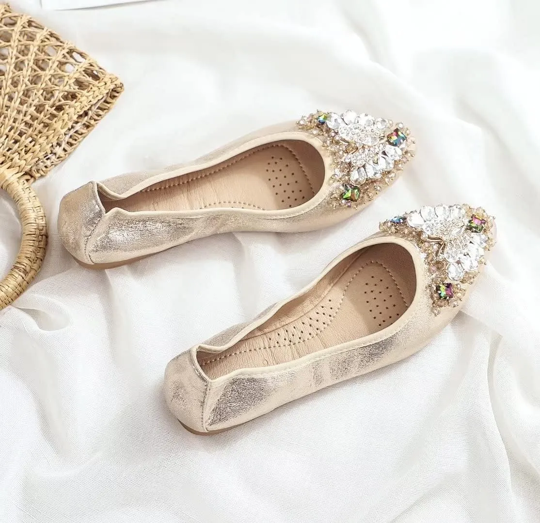 TN TANGNEST Womens Shiny Foldable Ballet Flats Wedding Rhinestone Slip On Flat Shoes
