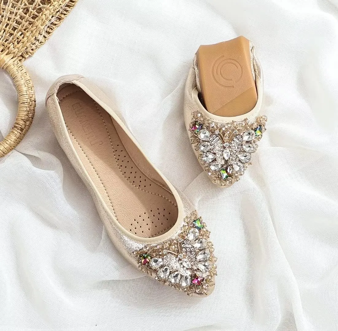 TN TANGNEST Womens Shiny Foldable Ballet Flats Wedding Rhinestone Slip On Flat Shoes