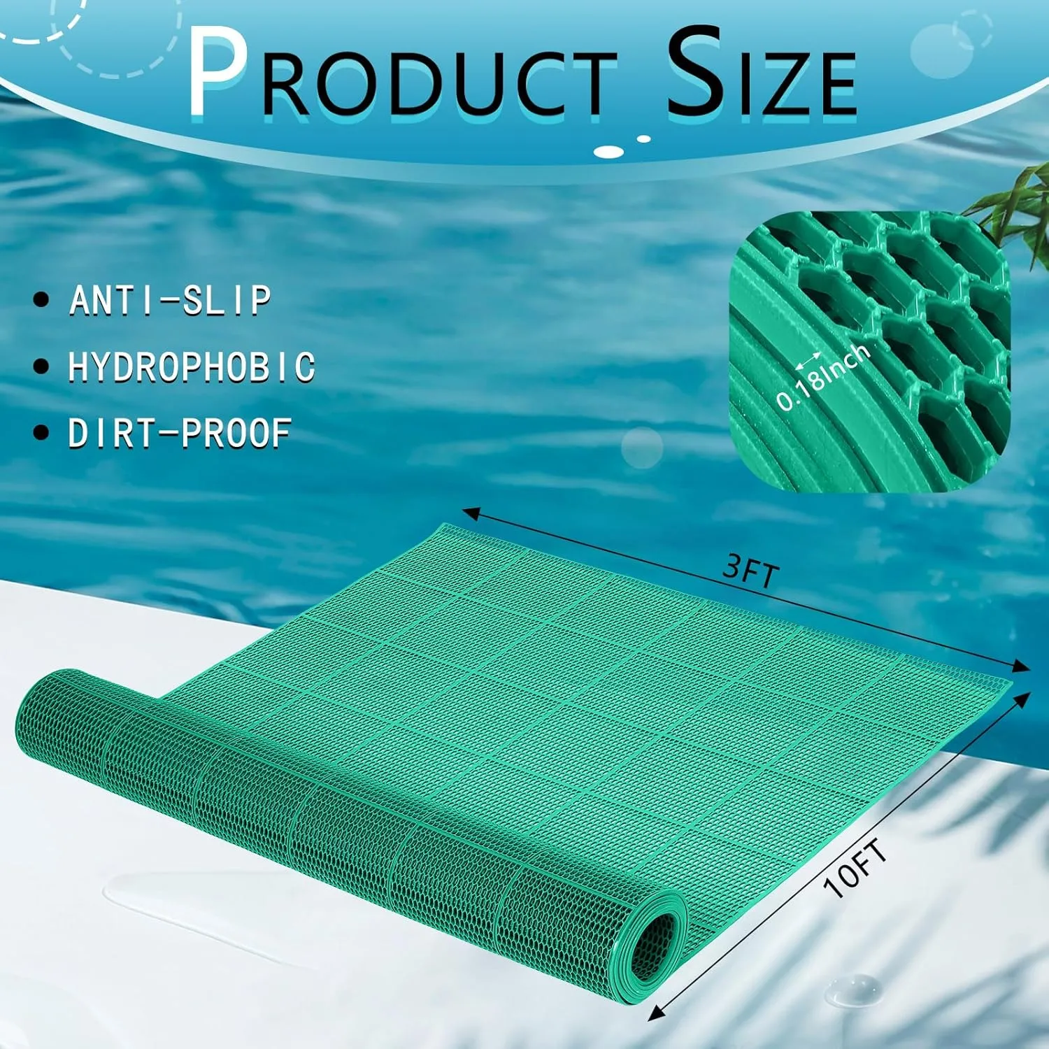 Tondiamo Drainage Pool Flooring Mats Swimming Pool Non Slip Mat PVC Splash Matting Mesh Hollow Doormat Roll for Outdoor Indoor Patio Restaurant Garage Kitchen Bathroom Bars(3 x 10 ft,Green)