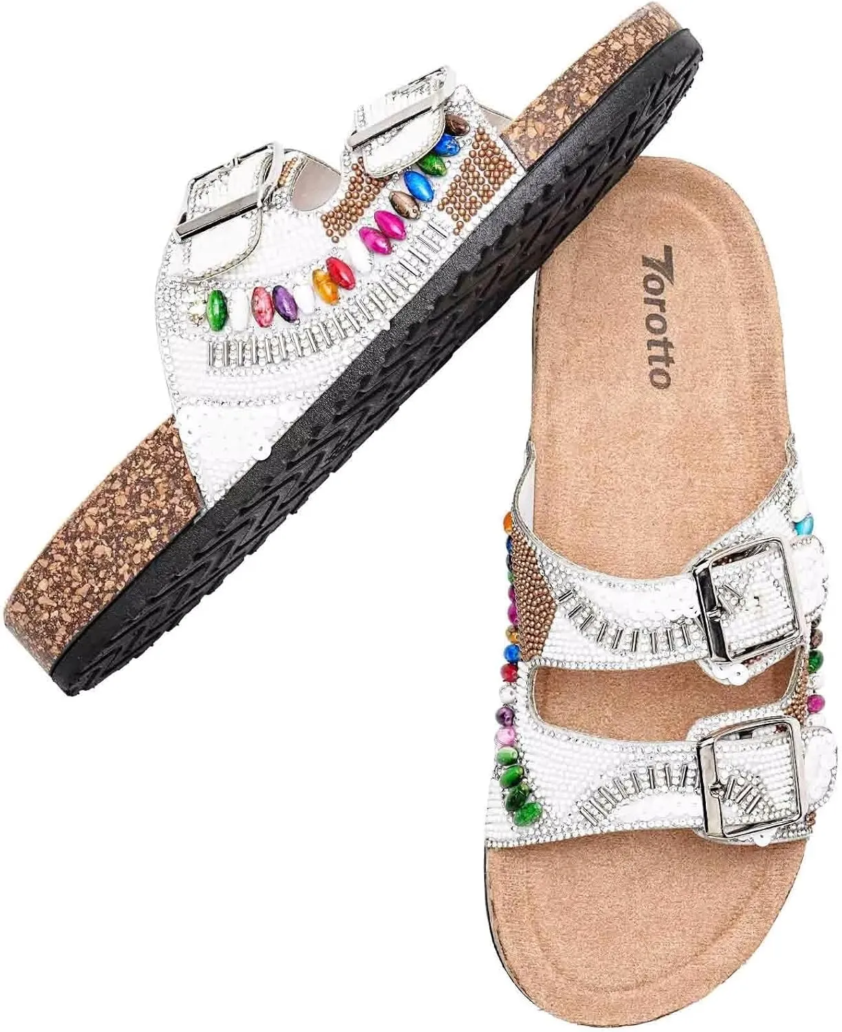 Torotto Womens Slides with Cork Footbed Open Toe Adjustable Webbing Flat Sandals for Walking | Beach | Indoor