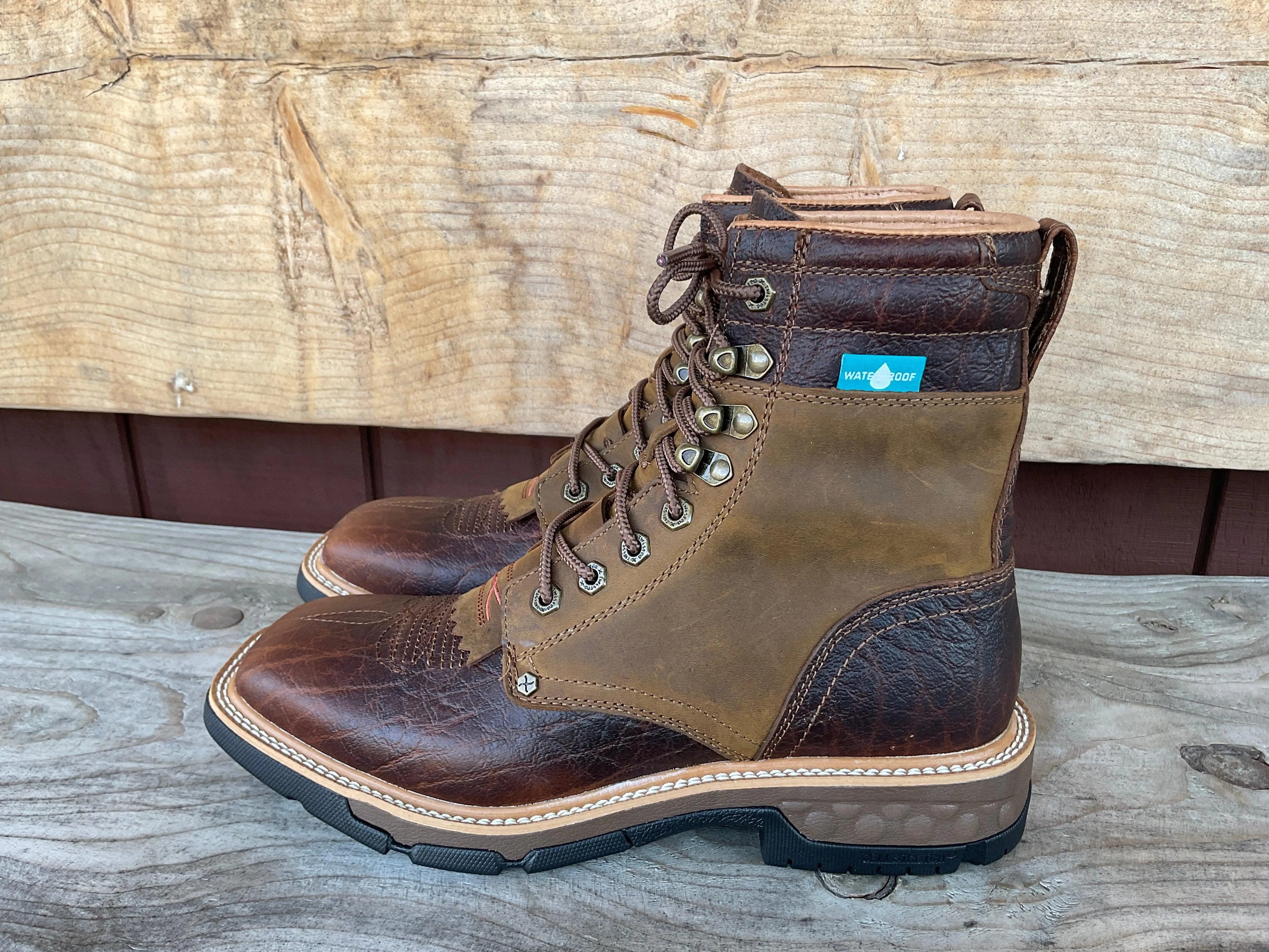 Twisted X Men's 8" CellStretch Waterproof Lacer Distressed Saddle & Cognac Work Boot MXLW001