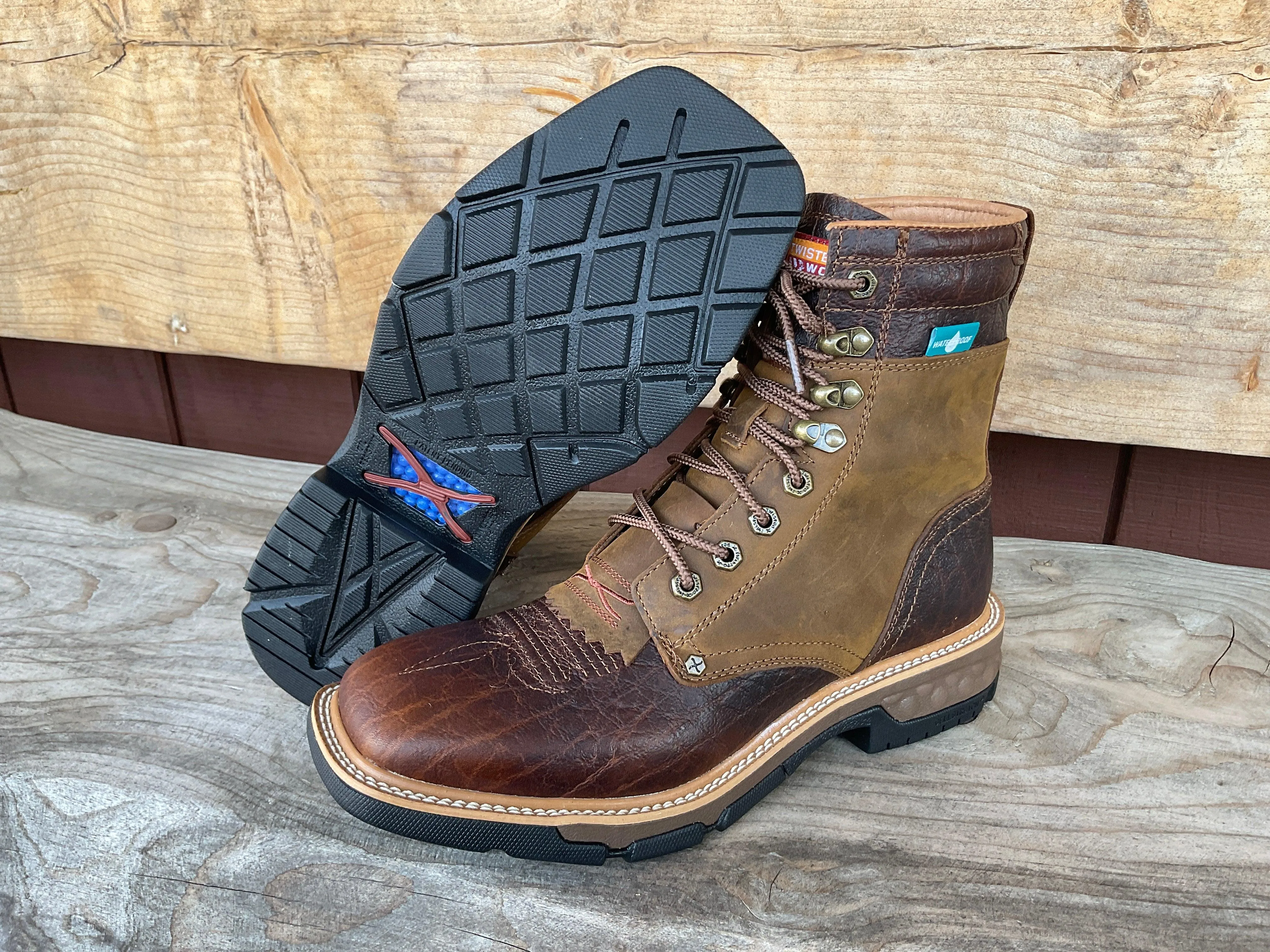 Twisted X Men's 8" CellStretch Waterproof Lacer Distressed Saddle & Cognac Work Boot MXLW001