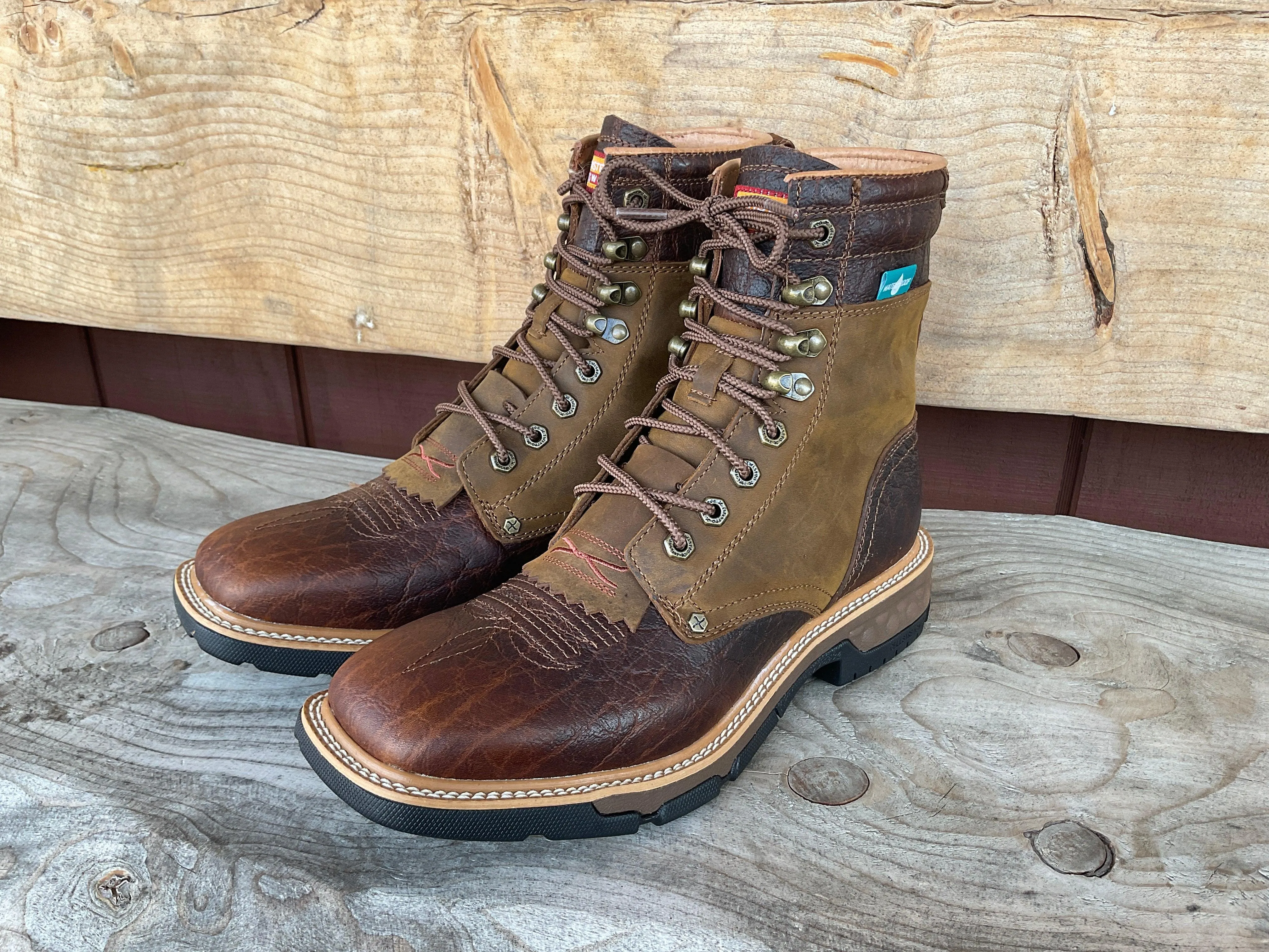 Twisted X Men's 8" CellStretch Waterproof Lacer Distressed Saddle & Cognac Work Boot MXLW001