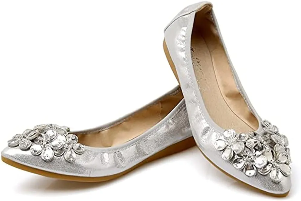 Unifizz Women's Ballet Flats Soft Pointed Toe Rhinestone Wedding Ballerina Shoes Foldable Sparkly Comfort Slip on Flat Shoes for Women