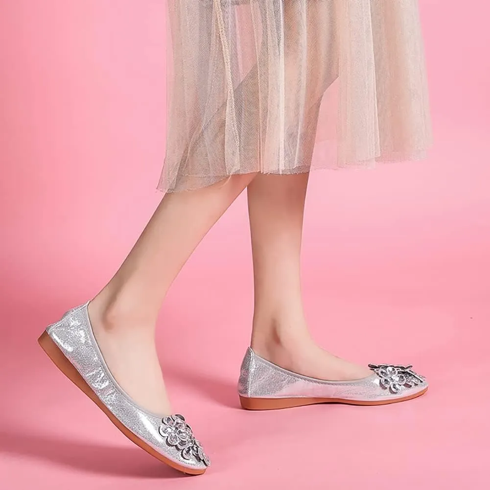 Unifizz Women's Ballet Flats Soft Pointed Toe Rhinestone Wedding Ballerina Shoes Foldable Sparkly Comfort Slip on Flat Shoes for Women