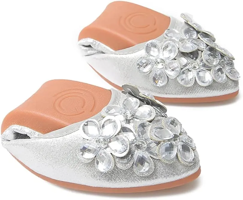 Unifizz Women's Ballet Flats Soft Pointed Toe Rhinestone Wedding Ballerina Shoes Foldable Sparkly Comfort Slip on Flat Shoes for Women
