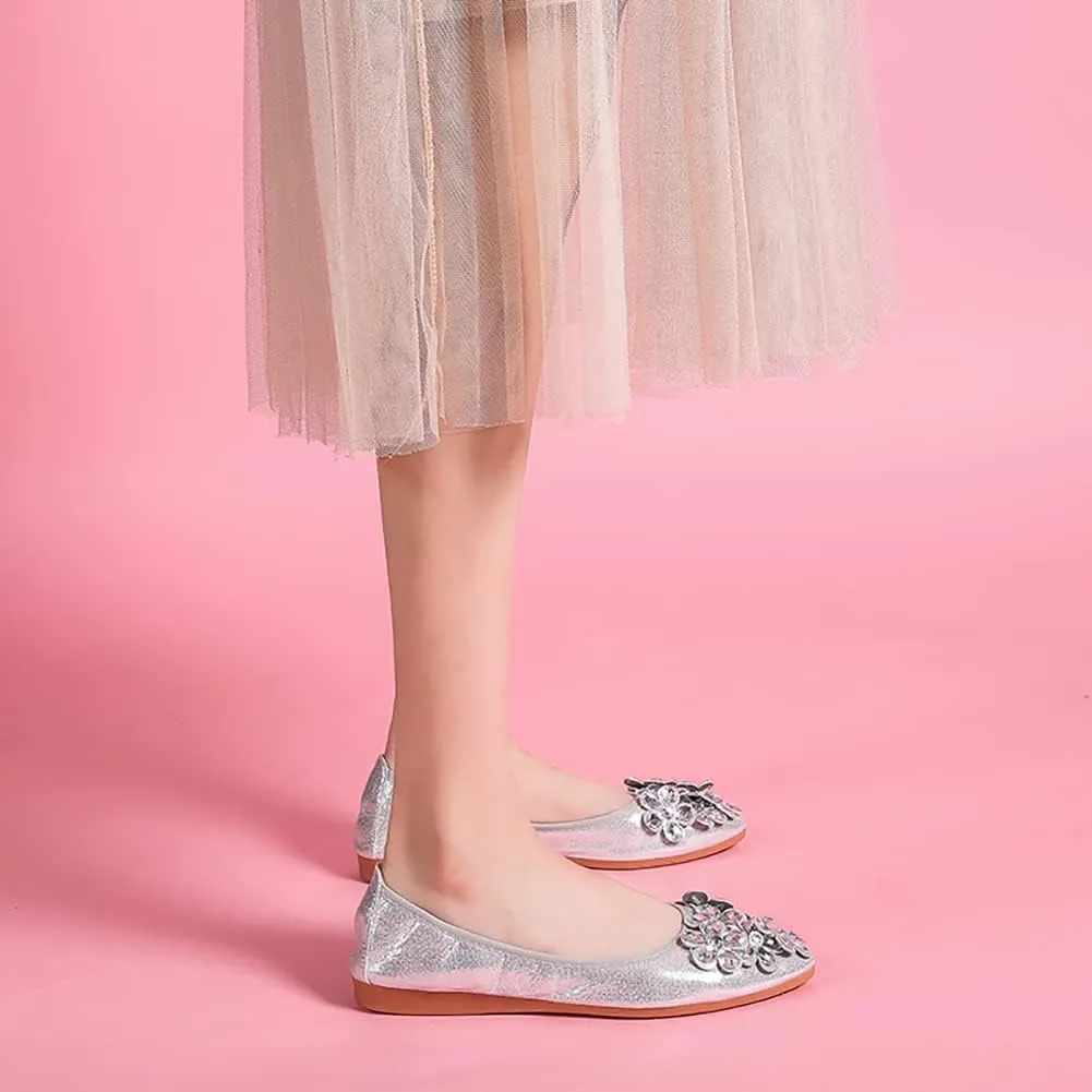 Unifizz Women's Ballet Flats Soft Pointed Toe Rhinestone Wedding Ballerina Shoes Foldable Sparkly Comfort Slip on Flat Shoes for Women