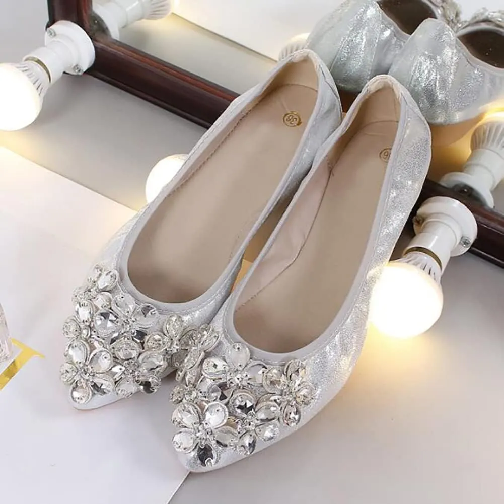 Unifizz Women's Ballet Flats Soft Pointed Toe Rhinestone Wedding Ballerina Shoes Foldable Sparkly Comfort Slip on Flat Shoes for Women