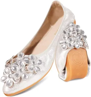 Unifizz Women's Ballet Flats Soft Pointed Toe Rhinestone Wedding Ballerina Shoes Foldable Sparkly Comfort Slip on Flat Shoes for Women