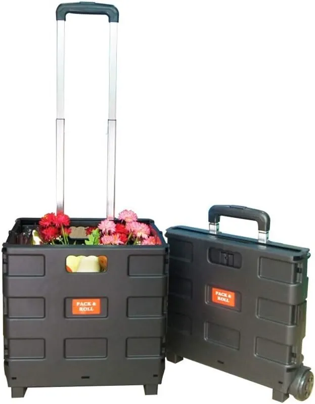Utility Shopping Cart Shopping Trolley Rolling Multipurpose Trolley with Wheel Seat Heavy Duty Foldable Trolley Telescopic Adjustable Black Capacity 40L Portable Grocery Cart to Save Space