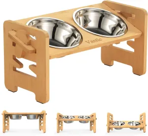Vantic Elevated Dog Bowls, Adjustable Raised Dog Bowl Stand for Small Puppy and Cats, Sturdy Bamboo Pet Food Feeder with 2 Stainless Steel Dishes, Natural