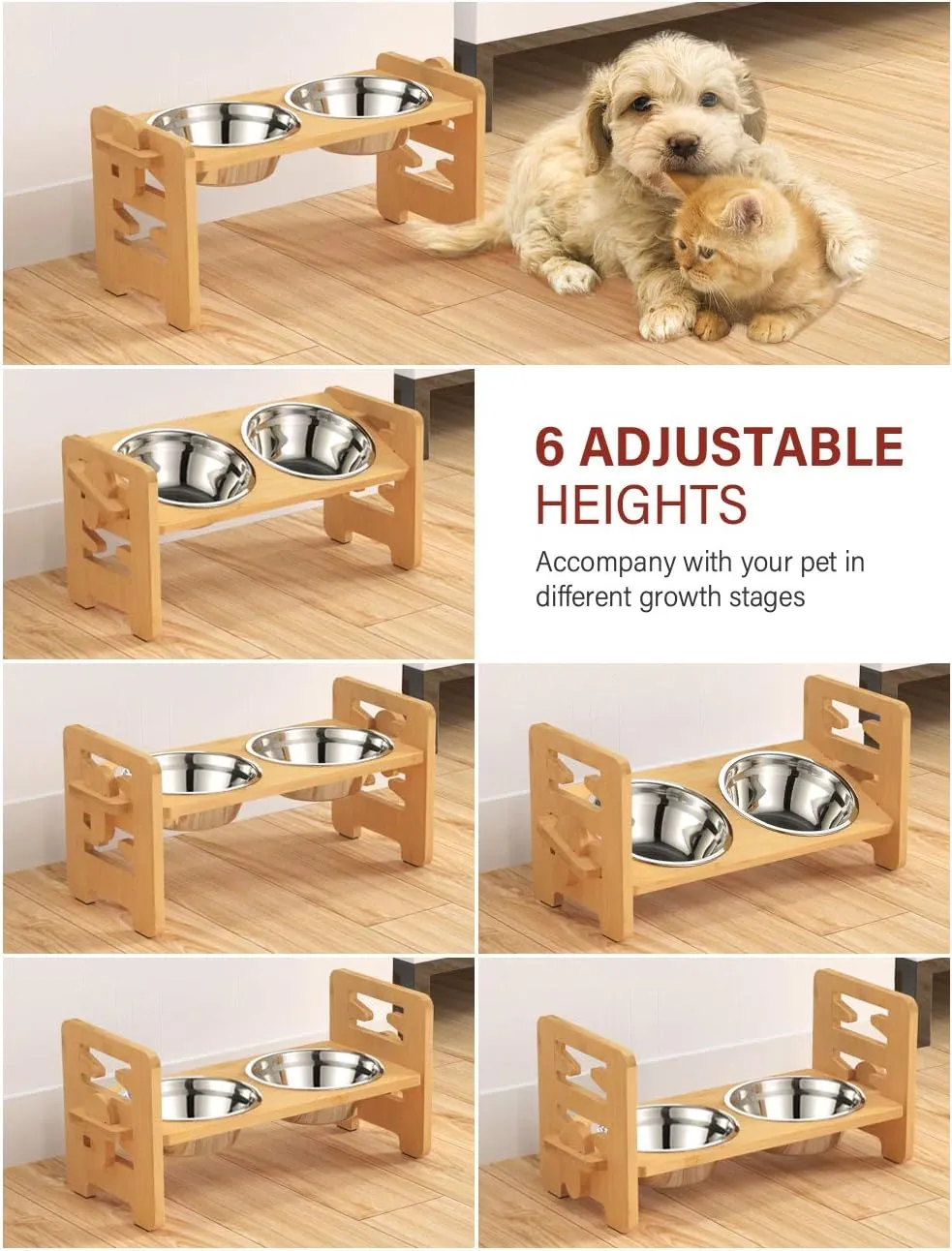 Vantic Elevated Dog Bowls, Adjustable Raised Dog Bowl Stand for Small Puppy and Cats, Sturdy Bamboo Pet Food Feeder with 2 Stainless Steel Dishes, Natural