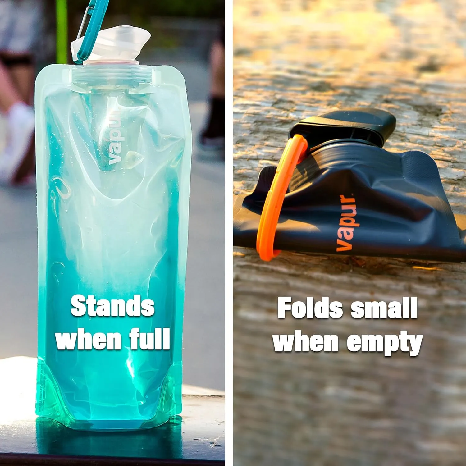 Vapur Collapsible Water Bottle With Carabiner, Compact Bottle Folds Flat For Hydration On The Go, Ideal for Traveling, Hiking or Camping, 23 Ounce, Night Blue, Pack of 2