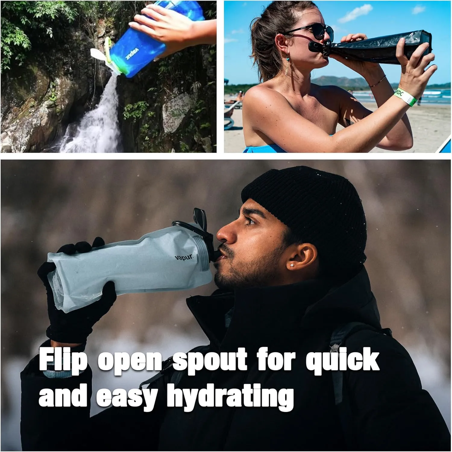 Vapur Collapsible Water Bottle With Carabiner, Compact Bottle Folds Flat For Hydration On The Go, Ideal for Traveling, Hiking or Camping, 23 Ounce, Night Blue, Pack of 2