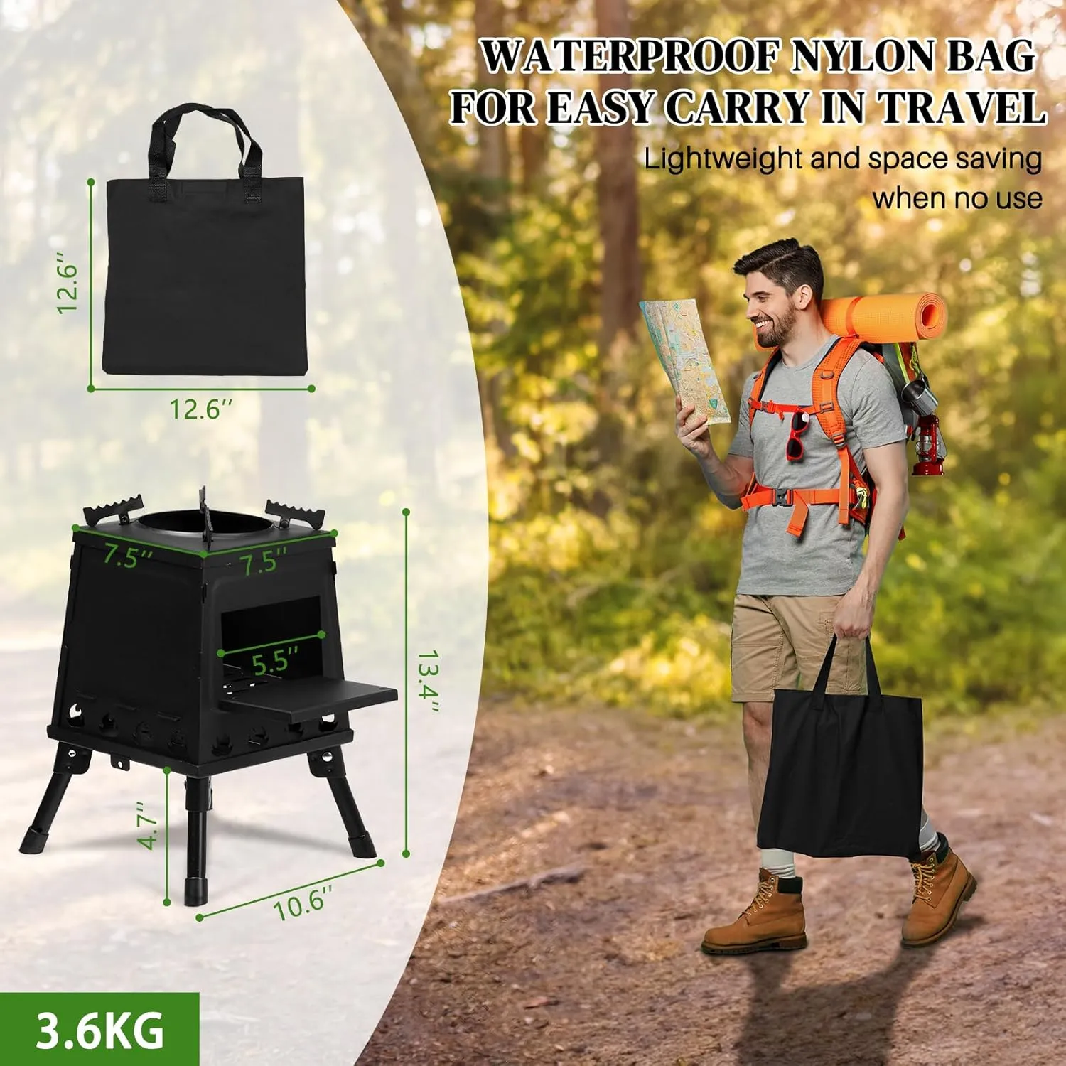 Vasitelan Wood Burning Camp Stove, Portable Cast Iron Camping Wood Stove, Black Woodstove with Carrying Case for Backpacking Outdoor Cooking (Small)