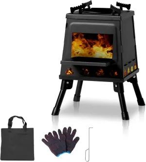 Vasitelan Wood Burning Camp Stove, Portable Cast Iron Camping Wood Stove, Black Woodstove with Carrying Case for Backpacking Outdoor Cooking (Small)