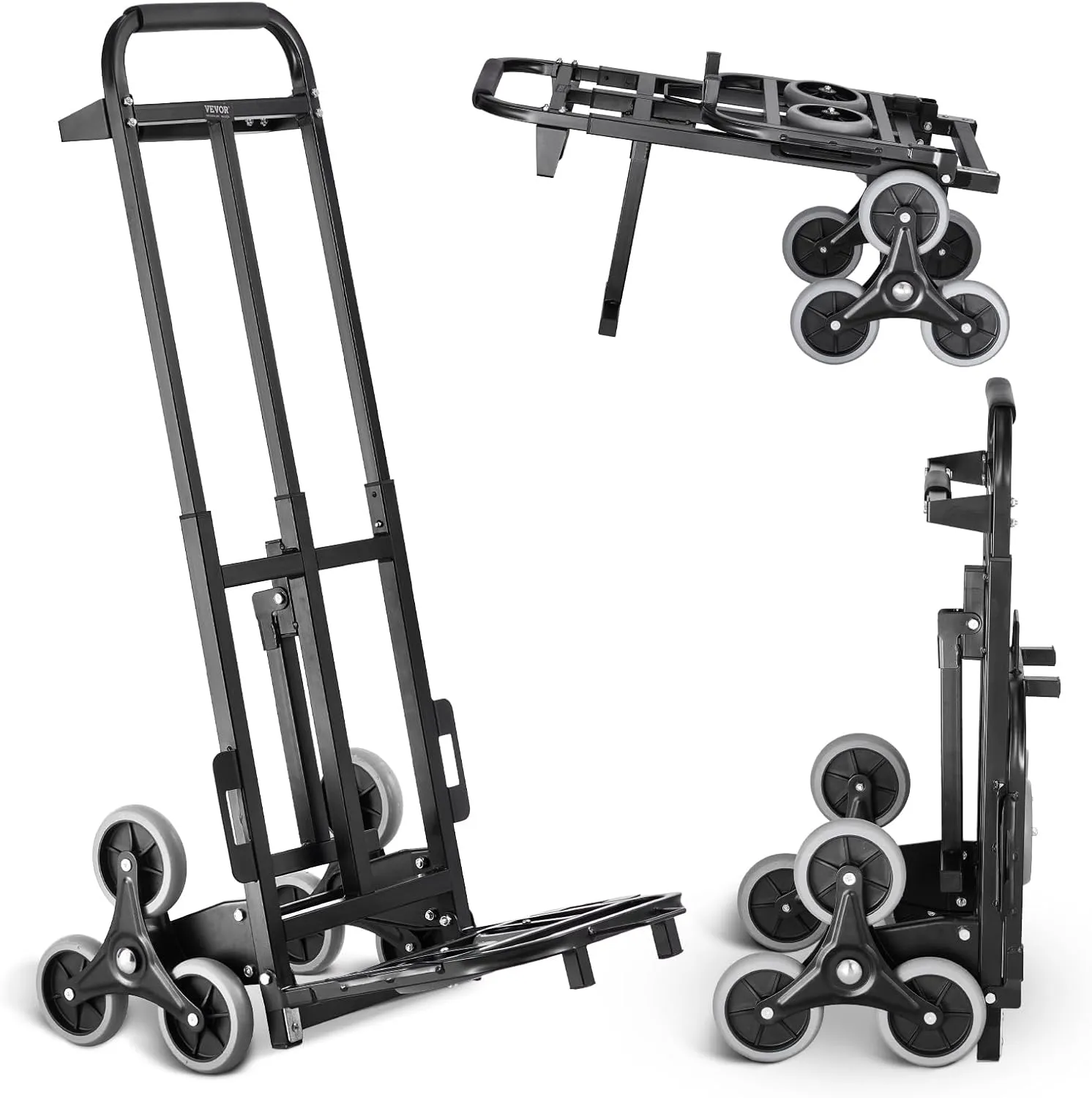 VEVOR Stair Climbing Cart, 440 lbs Capacity Stair Climber Hand Truck and Dolly, Heavy-Duty Folding Trolley Cart with Dual Handle, 6 Wheels & 2 Elastic Ropes for Home Office Shopping Moving Warehouse