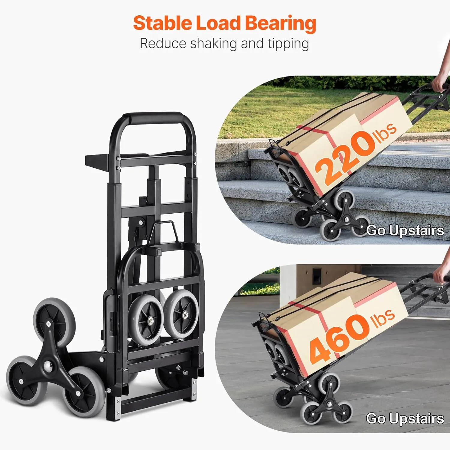 VEVOR Stair Climbing Cart, 440 lbs Capacity Stair Climber Hand Truck and Dolly, Heavy-Duty Folding Trolley Cart with Dual Handle, 6 Wheels & 2 Elastic Ropes for Home Office Shopping Moving Warehouse