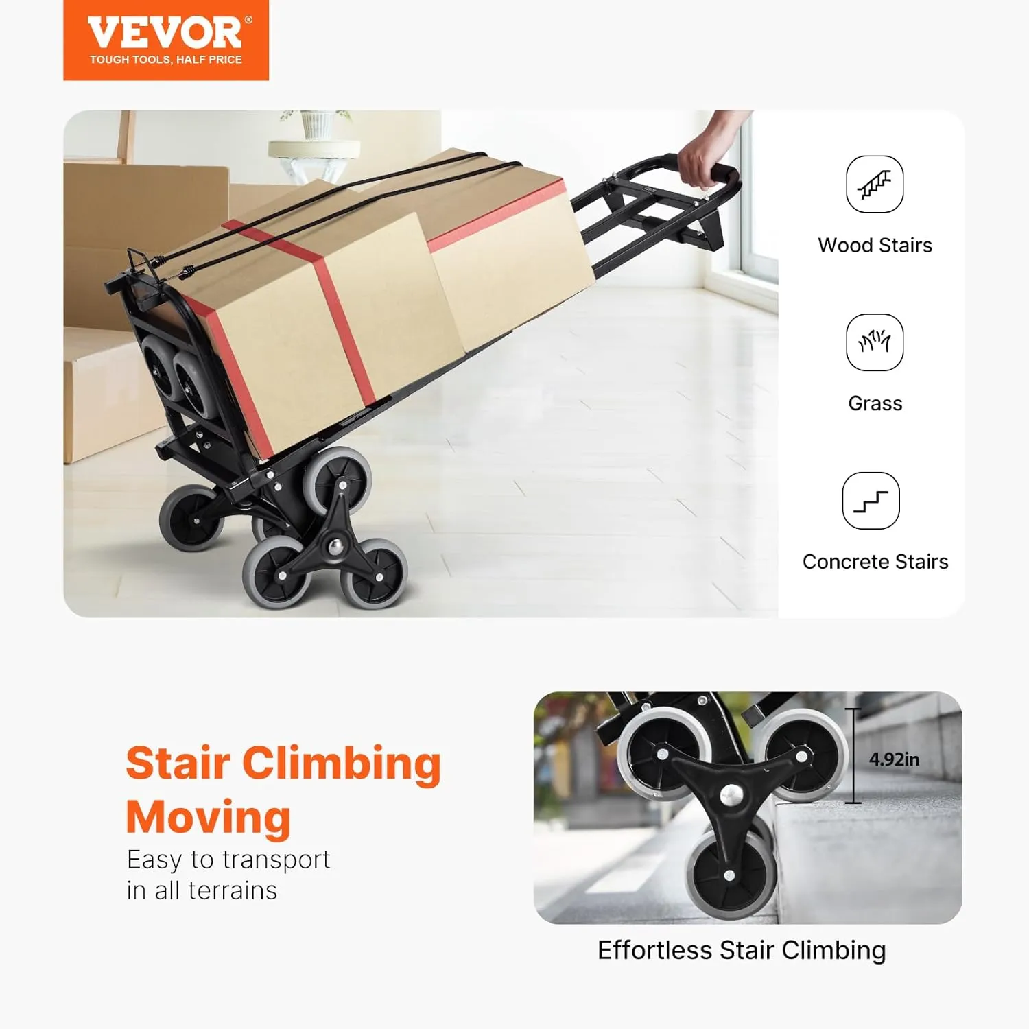 VEVOR Stair Climbing Cart, 440 lbs Capacity Stair Climber Hand Truck and Dolly, Heavy-Duty Folding Trolley Cart with Dual Handle, 6 Wheels & 2 Elastic Ropes for Home Office Shopping Moving Warehouse