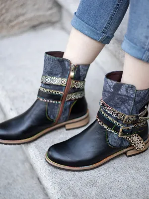 Vicconfy | Genuine Leather Gold Floral Embossed Strap  Moto Boots