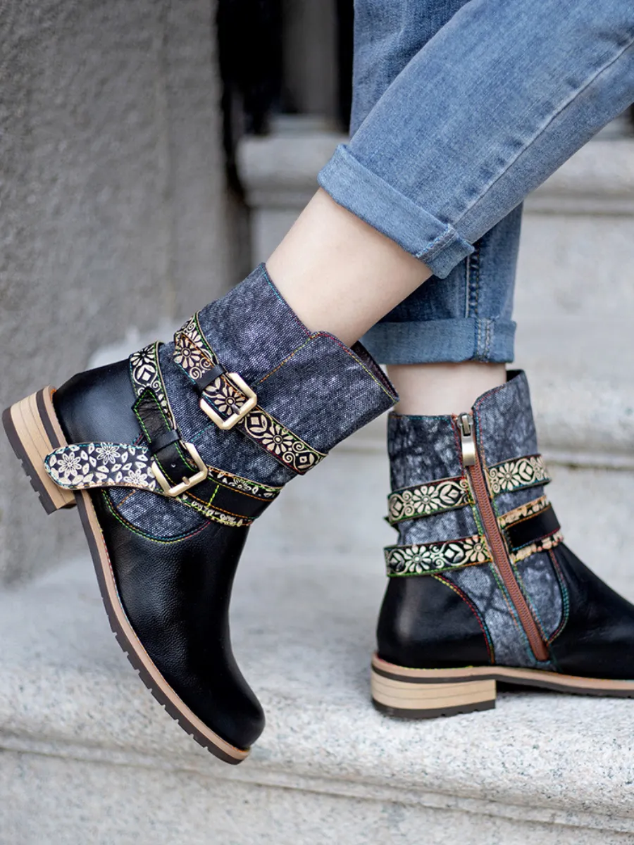 Vicconfy | Genuine Leather Gold Floral Embossed Strap  Moto Boots
