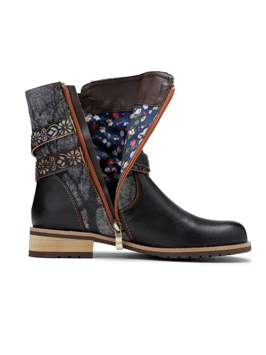 Vicconfy | Genuine Leather Gold Floral Embossed Strap  Moto Boots