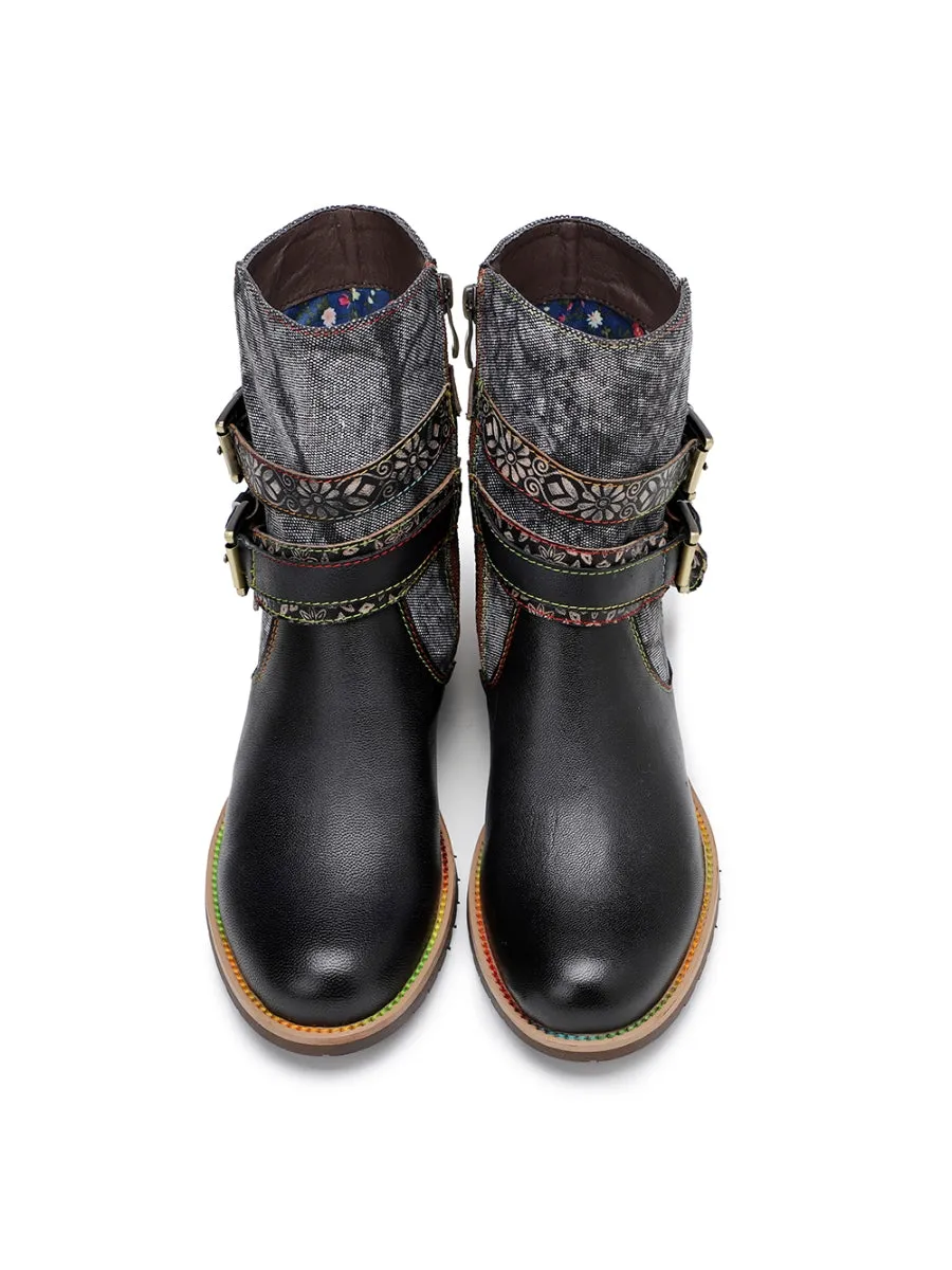 Vicconfy | Genuine Leather Gold Floral Embossed Strap  Moto Boots