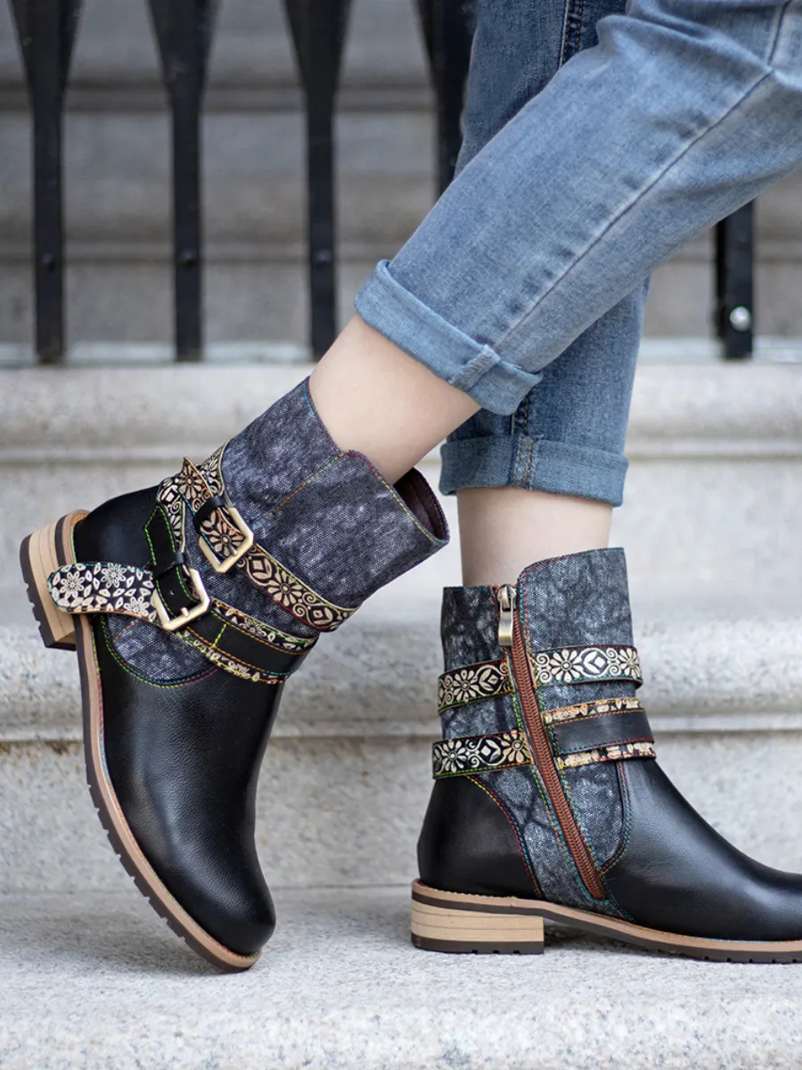 Vicconfy | Genuine Leather Gold Floral Embossed Strap  Moto Boots