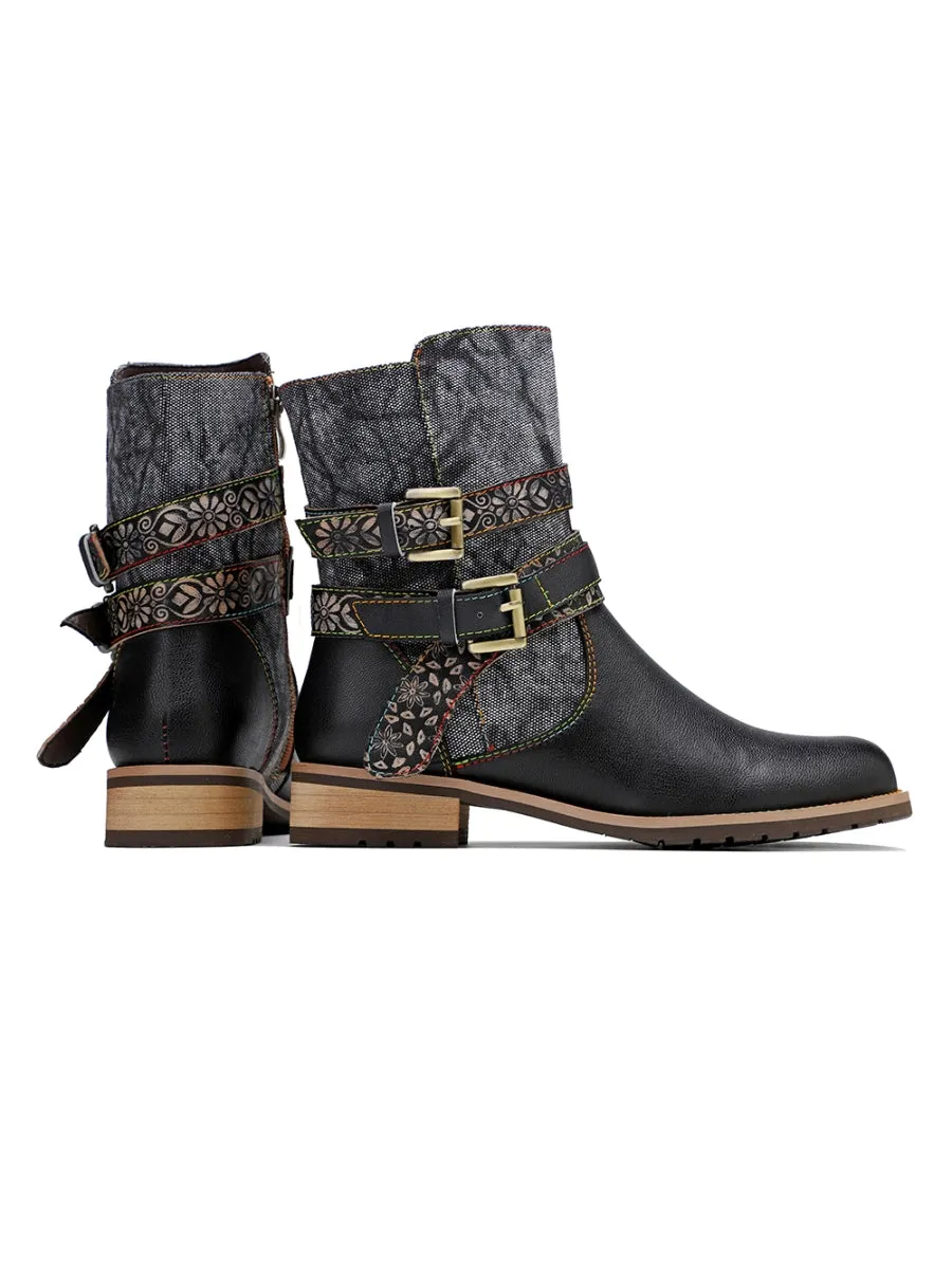 Vicconfy | Genuine Leather Gold Floral Embossed Strap  Moto Boots