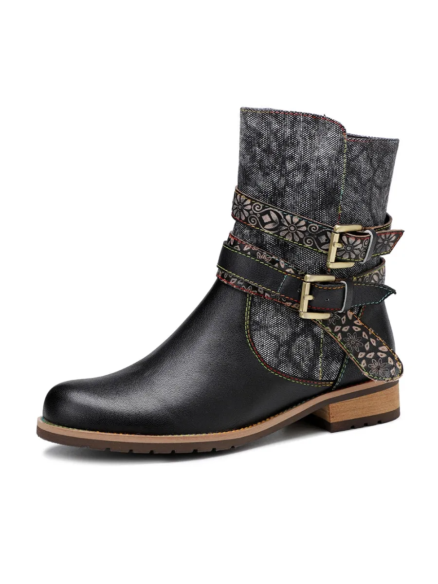 Vicconfy | Genuine Leather Gold Floral Embossed Strap  Moto Boots