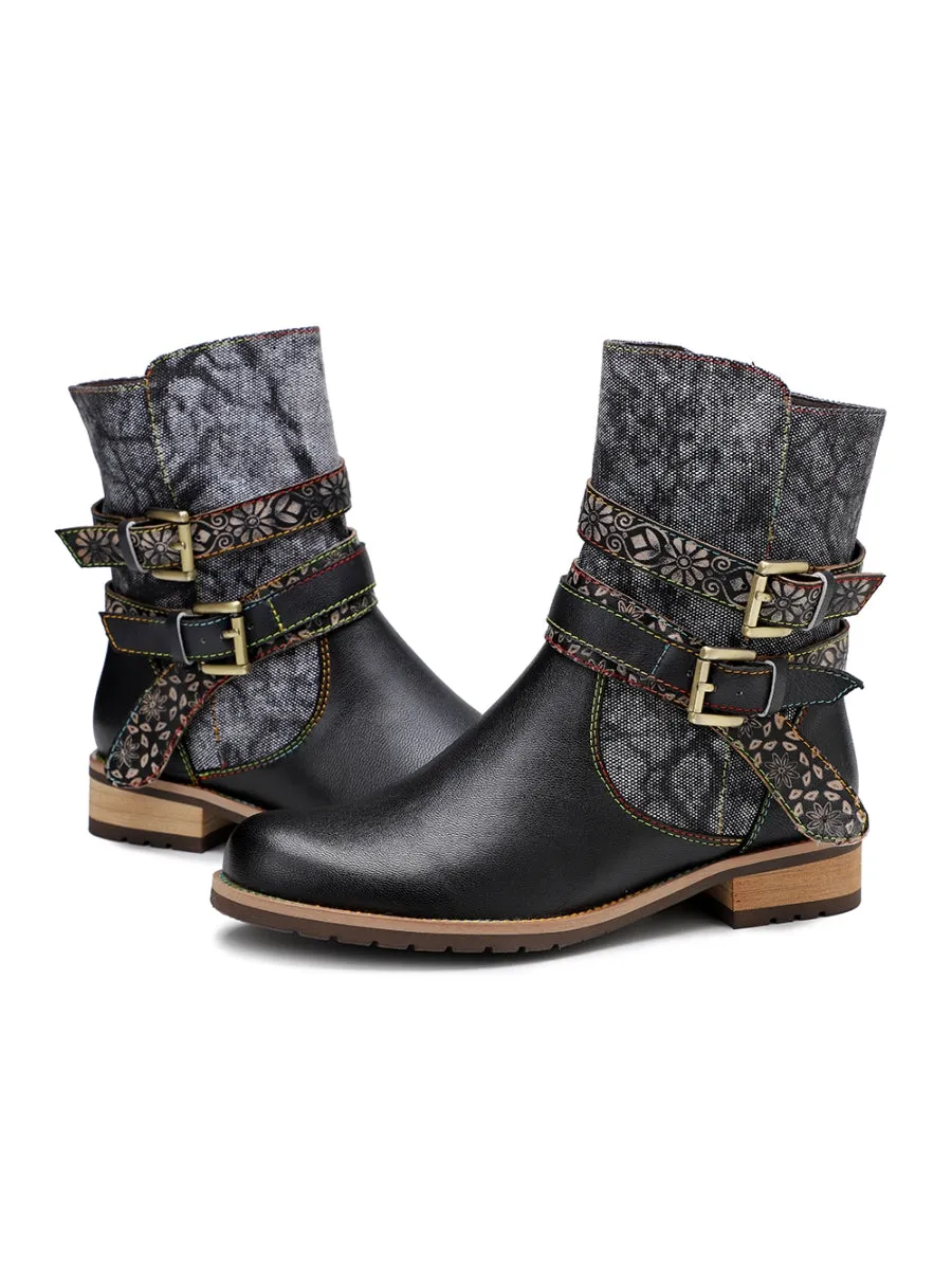 Vicconfy | Genuine Leather Gold Floral Embossed Strap  Moto Boots